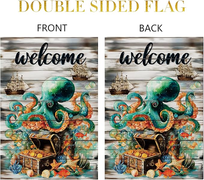 Spring Summer Garden Flag 12x18 Inch Nautical Octopus Treasure Chest Welcome Ocean Sea Pirate Ship Design Outdoor Yard Porch Lawn for Seasonal Coastal Home Decor