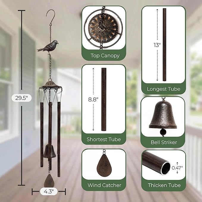 Wind Chimes for Outside – Memorial Wind Chimes for Loss of Loved One, Sympathy Gifts for Mom – Rustic Metal Garden Decor with Bird & Bell for Patio, Porch, Yard (Bronze, 29.5 Inch)