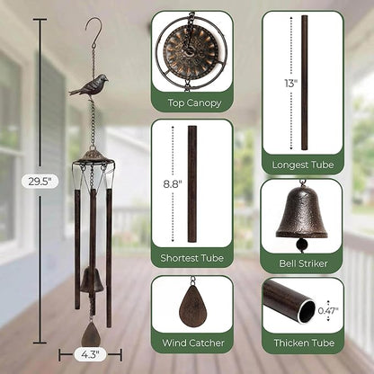 Wind Chimes for Outside – Memorial Wind Chimes for Loss of Loved One, Sympathy Gifts for Mom – Rustic Metal Garden Decor with Bird & Bell for Patio, Porch, Yard (Bronze, 29.5 Inch)