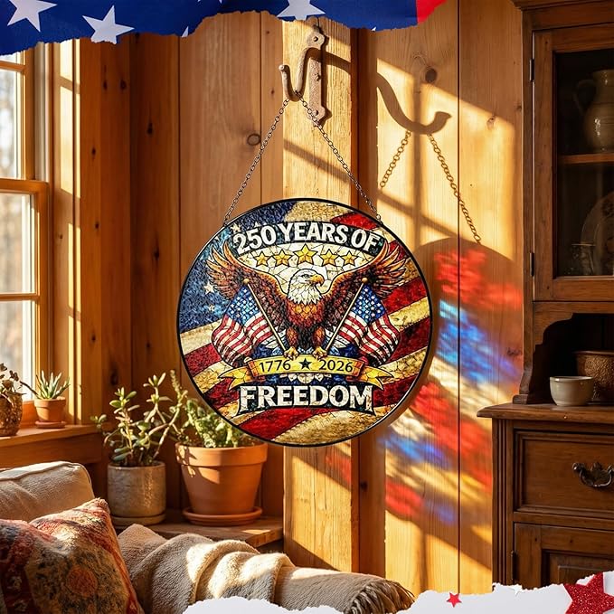 Leinuosen 250 Anniversary of Stained Glass Suncatcher 250th Anniversary Hanging Decoration 1776-2026 Us Window Stained Ornament for Patriotic People American Independence Freedom Day Gift Decoration