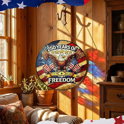 Leinuosen 250 Anniversary of Stained Glass Suncatcher 250th Anniversary Hanging Decoration 1776-2026 Us Window Stained Ornament for Patriotic People American Independence Freedom Day Gift Decoration