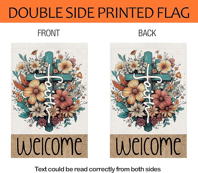 Welcome Cross Flowers Garden Flags 12x18 Vertical Double Sided, Easter Spring Summer Yard Flag for Outside Religious Decor, He Is Risen Holiday Outdoor Seasonal Decorations for Home