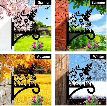 Hummingbird Plant Hanger Hooks Iron Plant Brackets 10.6 x 14.1 Inch Black Flowers Bird Silhouette Indoor Outdoor Decorative Basket Wall Mounted Hanging Bracket for Garden Wind Chime Lantern