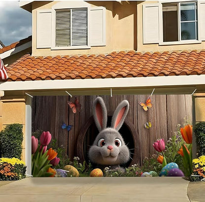 Easter Garage Door Banner Cover, Easter Bunny Colorful Eggs Spring Party Backdrop Decor, Garage Door Cover For Outdoor Yard Holiday Decoration (Cave Bunny)