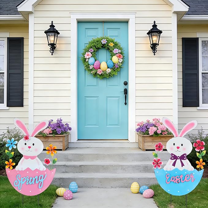 2 Pack Easter Rabbit Outdoor Decor - Spring Bunny Yard Signs with 3D Letters Metal Easter Bunny Lawn Stakes for Garden Pathway Easter Party Decor