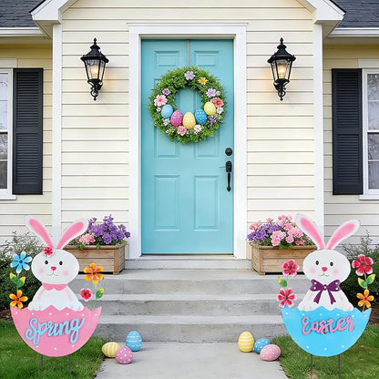 2 Pack Easter Rabbit Outdoor Decor - Spring Bunny Yard Signs with 3D Letters Metal Easter Bunny Lawn Stakes for Garden Pathway Easter Party Decor