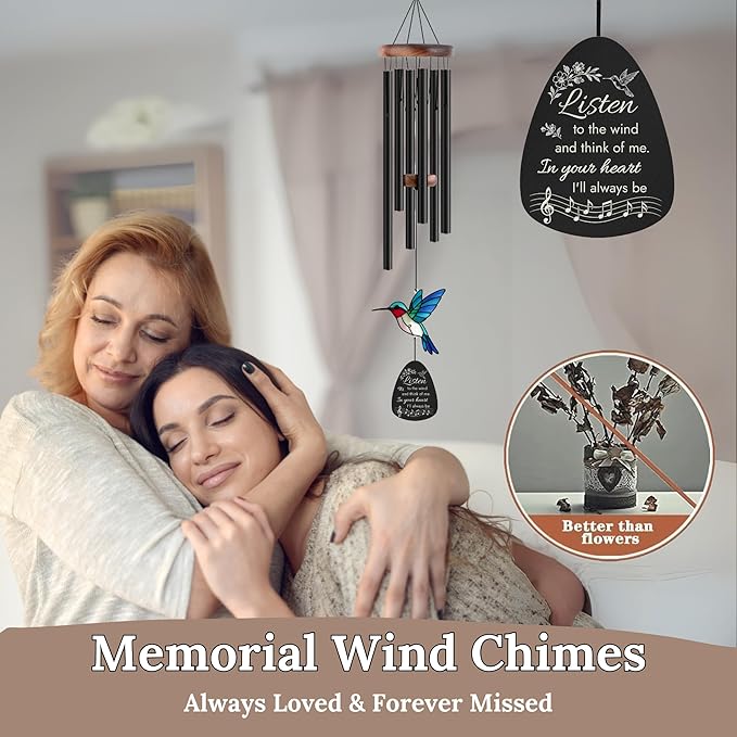 Sympathy Wind Chimes for Loss of Loved One, Memorial Gifts for Loss of Mother/Dad/Husband - Hummingbird Wind Chimes for Outside with Mute Option, in Memory of Loved One Gifts, Bereavement Wind Chimes