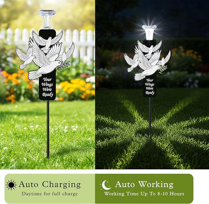 Solar White Dove Memorial Stake - Your Wings were Ready - Waterproof Metal Grave Markers - Cemetery Sympathy Gift with Olive Branch(White Doves)