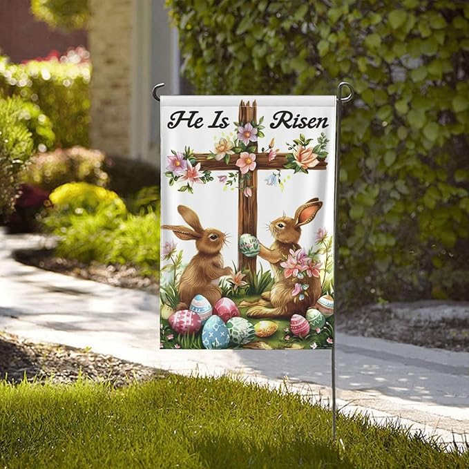 He is Risen Bunny And Floral Garden Flags 12×18 Inch Double Sided Decorative Yard Banner Seasonal Flag for Outdoor Outside Decor
