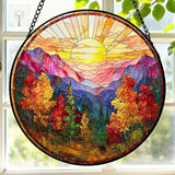 7.8 Inch Stained Glass Window Hanging Sunrise Mountains Tree Sun Catcher Indoor Window Door Wall Yard Home Decor Landscape Colorful Glass Panel Suncatcher Gifts for Women Men Mom Grandma
