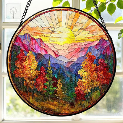 7.8 Inch Stained Glass Window Hanging Sunrise Mountains Tree Sun Catcher Indoor Window Door Wall Yard Home Decor Landscape Colorful Glass Panel Suncatcher Gifts for Women Men Mom Grandma