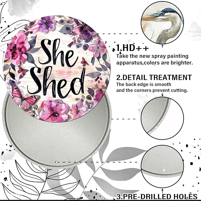 Vintage She Shed Round Metal Sign She Shed Decor Rustic Wreath Wall Decoration for Home Kitchen Garden Women Cave Indoor Outdoor Home Porch Window Decor 8 Inch