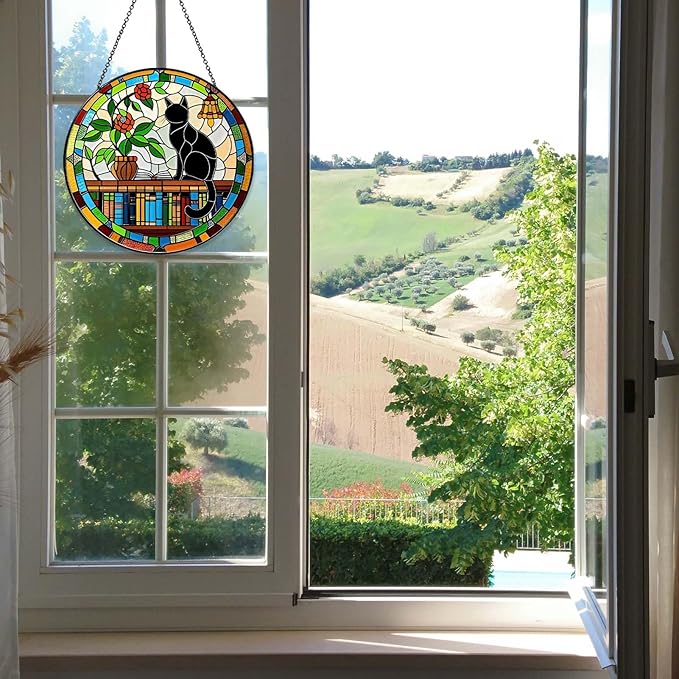 Cat Sun Catcher Stained Glass Window Hanging 6'', Book Lover Gifts for Women Book Wall Decor Handmade Sun Catcher Black Cat Sitting On Bookshelf Decoration for Home Room Housewarming Gifts