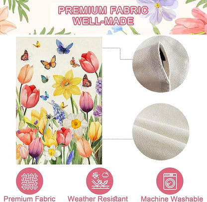 Baccessor Spring Easter Tulip Garden Flag Double Sided 12.5 x 18 Inch Burlap with Clip and Stopper,Daffodil Floral Butterflies Flag Seasonal Farmhouse Front Yard Lawn Outside Outdoor Decoration