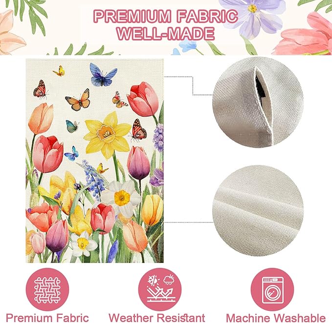 Baccessor Spring Easter Tulip House Flag Double Sided 28x40 Inch Burlap,Daffodil Floral Butterflies Large Garden Flag Porch Patio Front Entry Yard Seasonal Farmhouse Outside Outdoor Decor