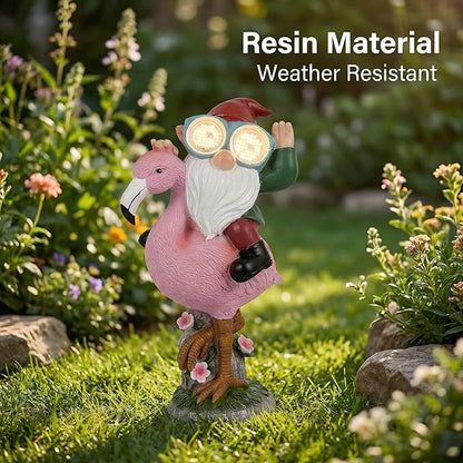 iStatue Solar Flamingo Gnome Garden Statue with Blinking LED Goggles, Funny Solar Garden Decor Outdoor Lawn Ornament Unique Birthday Gifts for Mom Women Dad Men (Multicolor)