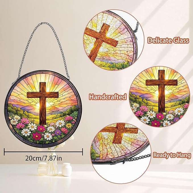 Stained Glass Window Hanging Suncatcher, 8" Round Religious Cross Sun Catcher, Decorative Glass Art for Home Garden, Faith Gift for Women Mom Grandma