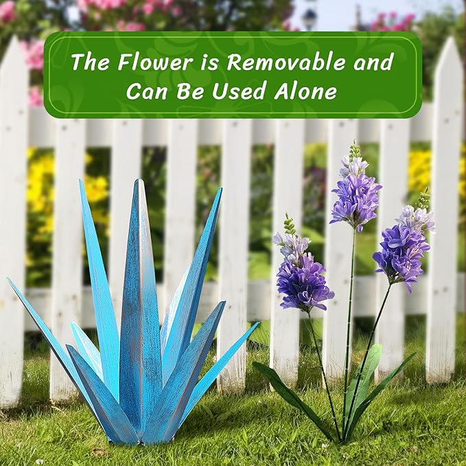 2PCS Large Metal Yard Art, Outdoor Metal Agave Plants, Tequila Rustic Sculpture, Garden Decoration Lavender Yard Art Plant (Sky Blue)