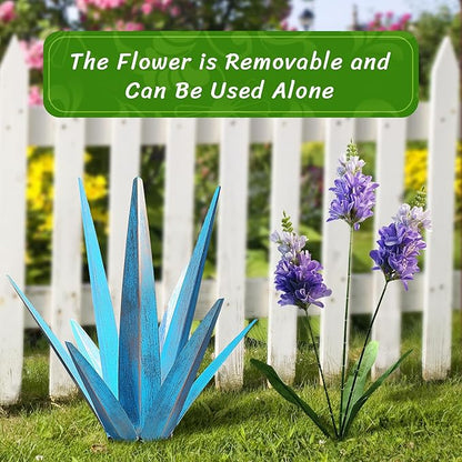 2PCS Large Metal Yard Art, Outdoor Metal Agave Plants, Tequila Rustic Sculpture, Garden Decoration Lavender Yard Art Plant (Sky Blue)