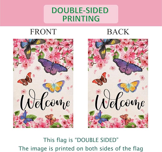 Baccessor Spring Summer House Flag Butterfly Flowers Cherry Blossom Yard Welcome Flag 28 X 40 Inch Double Sided Burlap Large Spring Summer Flag for Outside