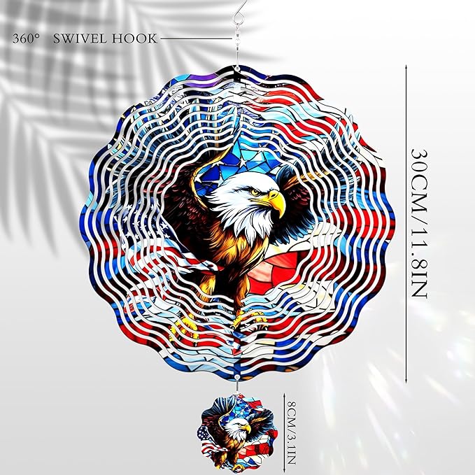 American Eagle Wind Spinner - 3D Stainless Steel Wind Spinners Outdoor Kinetic Art Spinning Decor 12 Inch 250 Anniversary Hanging Ornaments for Patio Lawn Garden Yard Indoor Balcony Home