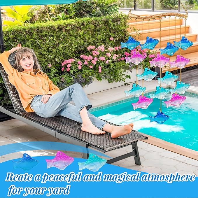 28.5" Blue Glass Sea Wind Chimes for Outdoor, Handcrafted Fish Wind Chimes for Outside, Small Unique Suncatcher Hanging Windchimes for Garden Patio Yard Beach Party Wedding Decor Women Gift