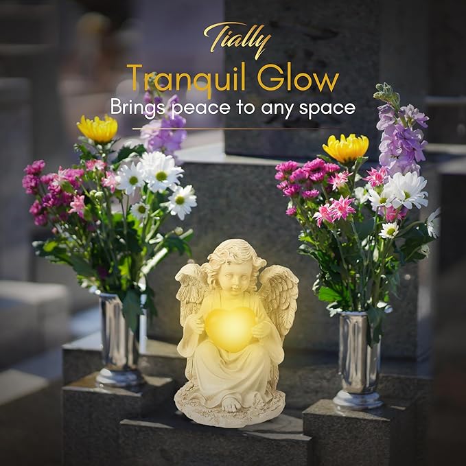 TIALLY Solar Garden Angel Statue – Praying Guardian Angel Statue Light for Outdoor Yard Decor, White Resin Garden Sculpture with Soft Glow for Angels Memorial or Cemetery Use
