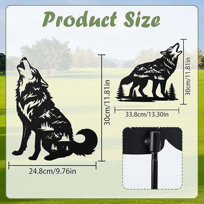 Romart Wolf Silhouette Garden Stakes Decorations - 2 Pcs Metal Howling Animals Statues, Black Rustic Animal Sculpture Set, Yard Art for Outdoor Garden & Patio Lawn