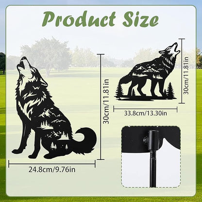 Romart Wolf Silhouette Garden Stakes Decorations - 2 Pcs Metal Howling Animals Statues, Black Rustic Animal Sculpture Set, Yard Art for Outdoor Garden & Patio Lawn
