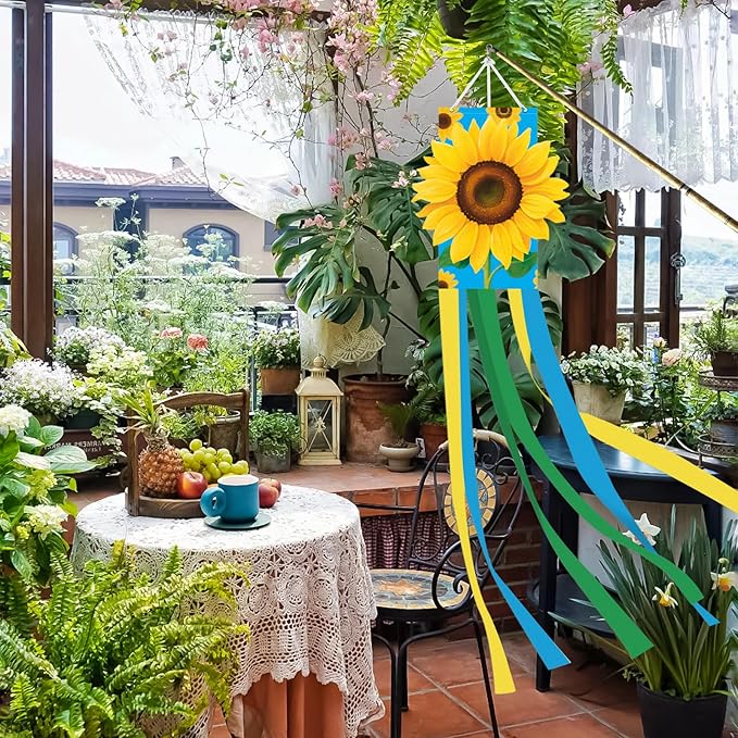 40 Inches 3D Sunflower Windsock Decoration, Dimensional Hanging Outdoor Wind Sock with Yellow, Green, and Blue Streamers for Summer Garden, Yard, Porch, Farmhouse, and Floral-Themed Party Decor