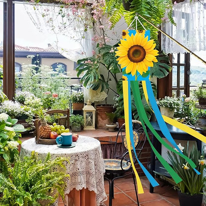 40 Inches 3D Sunflower Windsock Decoration, Dimensional Hanging Outdoor Wind Sock with Yellow, Green, and Blue Streamers for Summer Garden, Yard, Porch, Farmhouse, and Floral-Themed Party Decor