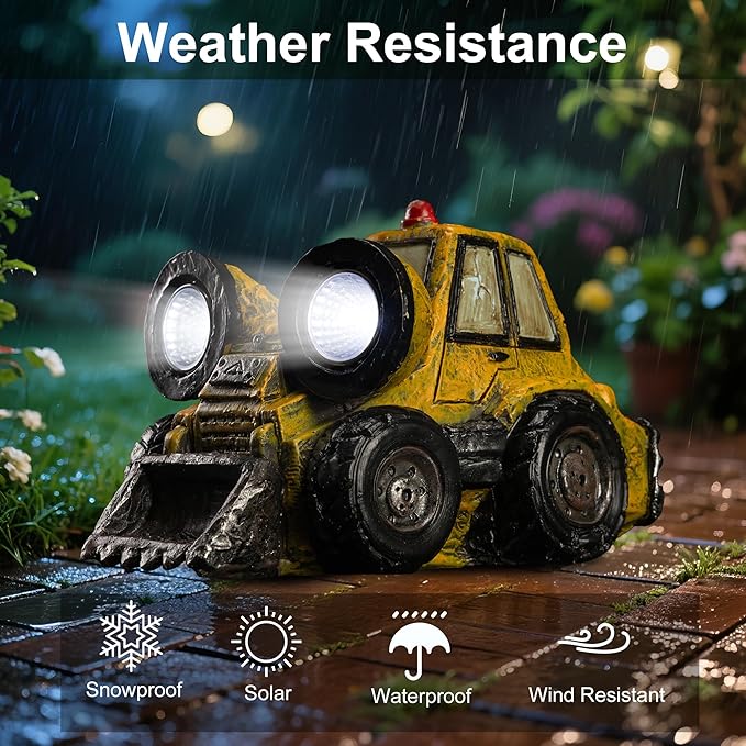 Etlemonde Garden Statue Outdoor Solar Truck Decor with Light Rustic Vintage Bulldozer Construction Decoration for Lawn Patio Yard Gifts for Men