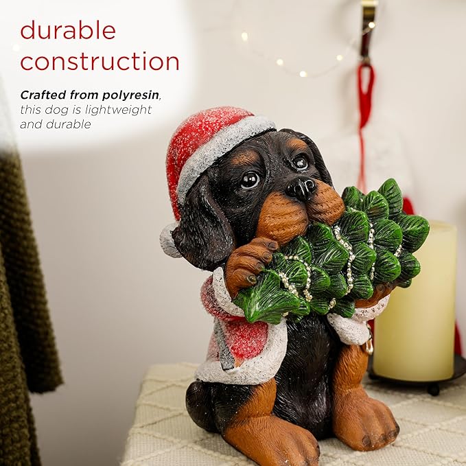 Alpine Corporation 12" Tall Puppy Christmas Statue with Santa Coat and Pine Tree, Weather-Resistant Resin Figurine, Indoor/Outdoor Holiday Decoration for Porch or Entryway