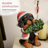 Alpine Corporation 12" Tall Puppy Christmas Statue with Santa Coat and Pine Tree, Weather-Resistant Resin Figurine, Indoor/Outdoor Holiday Decoration for Porch or Entryway