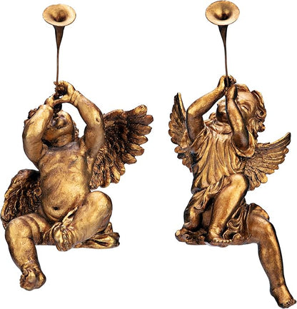 Design Toscano JE930801 Trumpeting Angels of Peter's Square Holiday Statue Ornaments, Set of Two, Boy & Girl, 7 inches Wide, 13 inches Tall, Handcast Polyresin, Antique Gold Finish