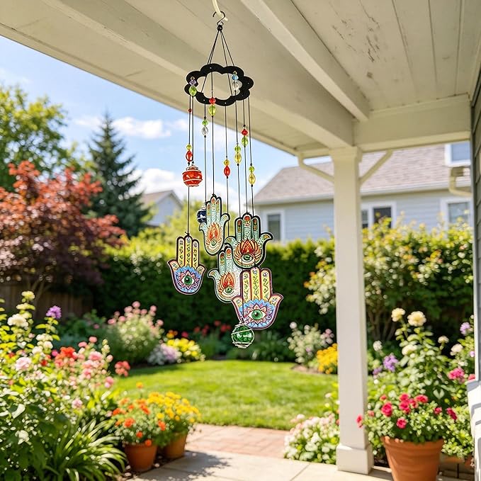 Wind Chimes Outdoor Decor, Metal Memorial Windchimes Hanging Decoration for Garden Home Yard and Christmas Tree,15'' Hamsa Hand Evil Eye Chakra Glass Beaded Design Christmas Decor