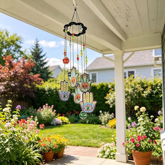 Wind Chimes Outdoor Decor, Metal Memorial Windchimes Hanging Decoration for Garden Home Yard and Christmas Tree,15'' Hamsa Hand Evil Eye Chakra Glass Beaded Design Christmas Decor