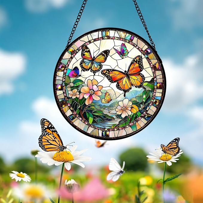 DASTOLL Stained Glass Window Hanging, Butterflies Flying in The Sky Suncatcher for Doors Home Sun Catchers Decoration and Christmas, Mother's Day Birthday Gifts for Women, Men, and Mom 11.8x11.8 in