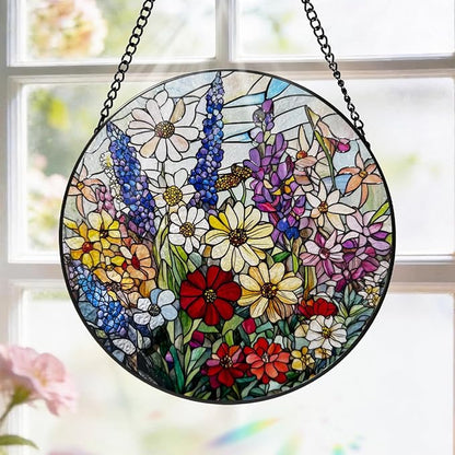 Stained Glass Window Hanging, 8 Inch Wildflower Suncatcher, Flower Sun Catchers Indoor Window, Floral Suncatchers for Windows Hanging, Spring Home Garden Decor Panel Plant Lovers Gifts for Mom Grandma