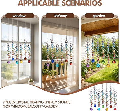 7 Chakra Crystal Sun Catcher Hanging Crystal Prisms Ornaments with 20mm Rainbow Beads for Window Garden Indoor Home Decor