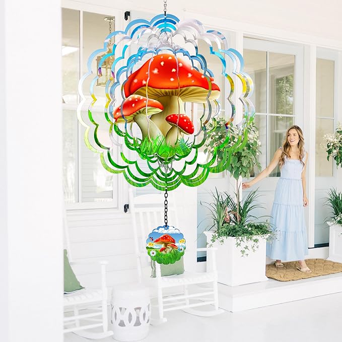 J-Fly Hanging Outdoor Garden Decor, Colorful Red Mushroom Wind Spinners, Ornaments Kinetic Yard Art, Unique Gifts for Women