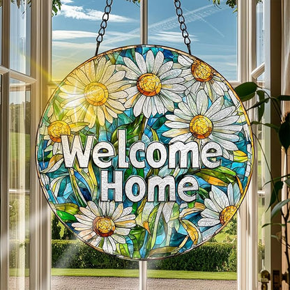 VAIIEYO Welcome Sun Catcher Stained Glass Window Hanging Ornament, Handmade Sun Catcher Flower Decoration with Hooks for Window Garden Home, Christmas & Birthday Housewarming Gift (7.8 inch)