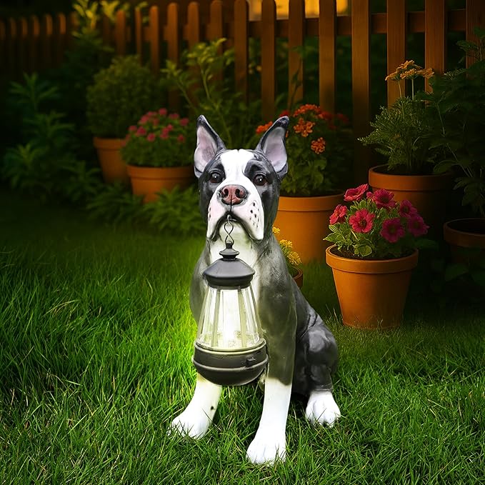 Outdoor Boston Terrier Dog Statue with Interchangeable Welcome Sign and Detachable Solar Lantern –LED Light Garden Dog Sculpture Décor, Cute Puppy Design for Yard, Porch, Gift