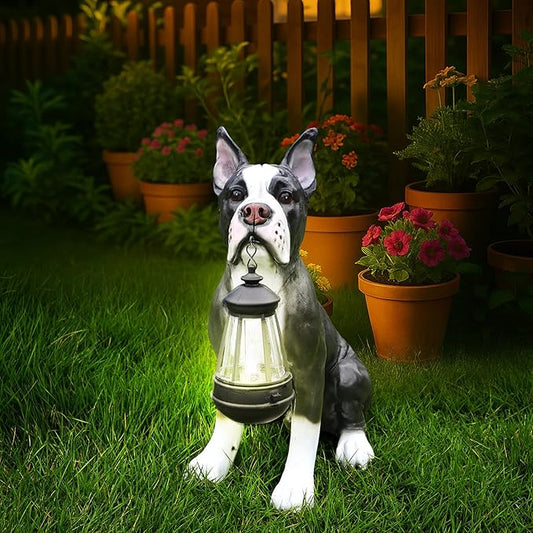 Outdoor Boston Terrier Dog Statue with Interchangeable Welcome Sign and Detachable Solar Lantern –LED Light Garden Dog Sculpture Décor, Cute Puppy Design for Yard, Porch, Gift