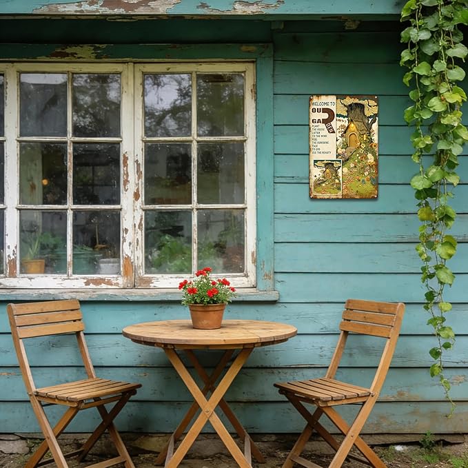 Garden Signs for Outside, Funny Metal Signs for Home Garden Patio Yard - Welcome To Our Garden, Vintage Gardening Gifts for Women, Wall Decor 12" x 8"