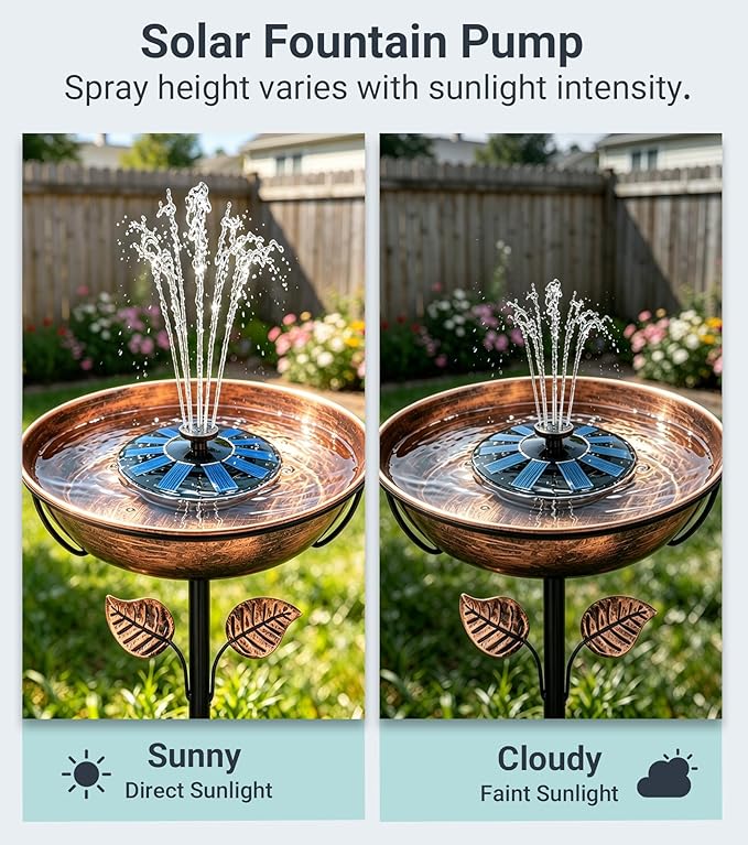 Solar Bird Bath Fountain Pump, 6V 1.2W Floating Solar Fountain, 5 Spray Patterns Water Pump for Bird Bath, Small Pond, Garden & Outdoor Water Features