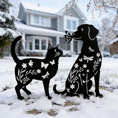 Black Metal Cat&Dog Silhouette Garden Stakes,Decorative Garden Stakes,Pet Memorial Grave Markers for Dogs&Cats,Outdoor Yard Art Decor, for Pet Lovers,Yard Art,Patio Lawn Ornaments