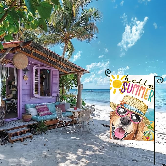 Hello Summer Garden Flags for Outside, Dog with Sunglass Beach Sun Hat Yard Decoration, Small Seasonal Outdoor Decor for Spring Farmhouse Holiday,12x18 Inch Double Sided