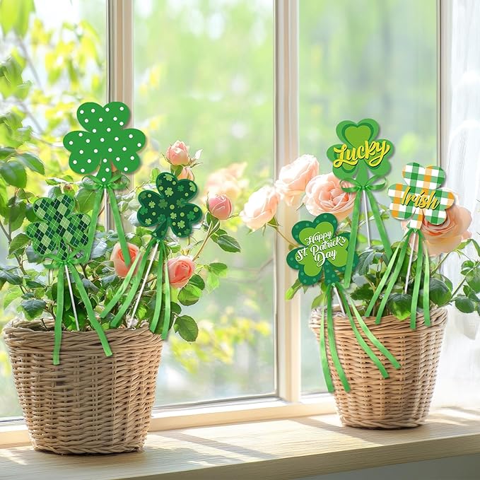 Cinrobiye 6 Pcs Metal St.Patrick's Day Planter Stakes Irish Table Centerpiece Lucky Shamrock Garden Stake Outdoor Lawn for St.Paddy's Day Garden Greetings Home Farmhouse Decor (Shamrock)