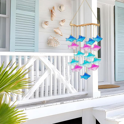 28.5" Blue Glass Sea Wind Chimes for Outdoor, Handcrafted Fish Wind Chimes for Outside, Small Unique Suncatcher Hanging Windchimes for Garden Patio Yard Beach Party Wedding Decor Women Gift
